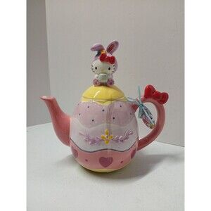 Sanrio Hello Kitty Ceramic Easter Bunny On Egg Teapot Blue Sky Clay Works Rare